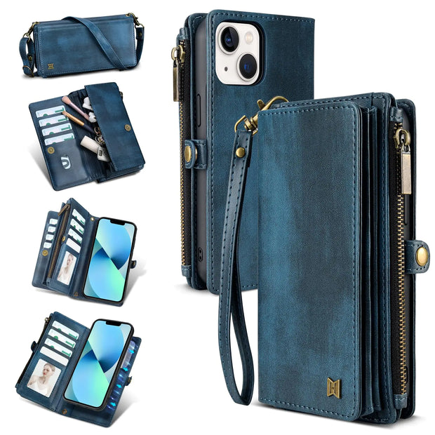 iPhone 13 Multi-Function Wallet Case with Accessories (Blue)